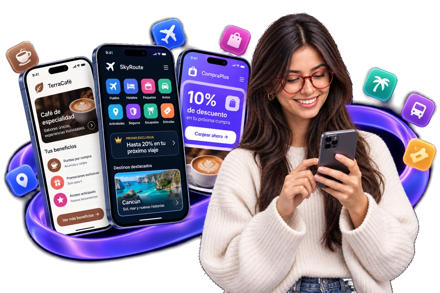 Una clienta sonríe mirando el celular, rodeada de iconos de apps con beneficios y descuentos.